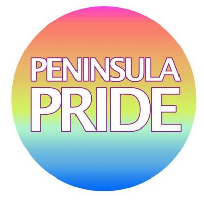 Peninsula Pride in white text on a colourful circular background
